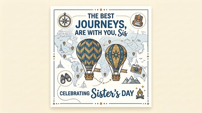 Happy Sister's Day Travel Greeting Poster with Hot Air Balloons and World Map