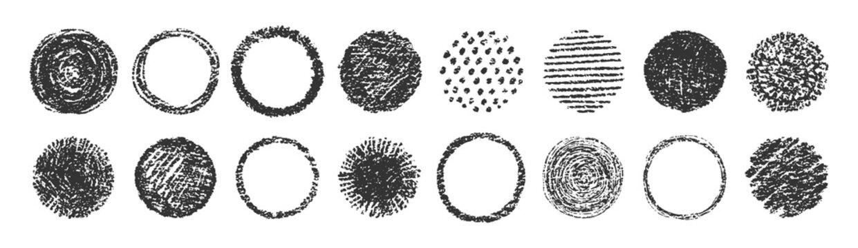 Hand-drawn circle doodles with crayon texture and pencil strokes. Perfect for childish designs and artistic circle backgrounds. Vector illustration.