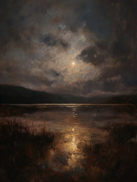 Atmospheric Moonlight over Still Lake, Oil Painting with Dark Clouds.