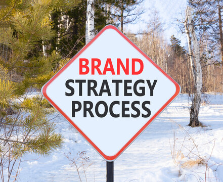 Brand strategy process words symbol. Concept words Brand strategy process on beautiful white road sign. Beautiful winter forest background. Business and brand strategy process concept. Copy space.