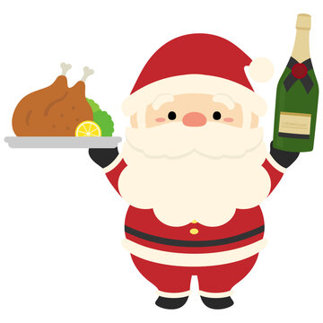 クリスマスのサンタクロースのローストチキンとシャンパンのベクターイラスト