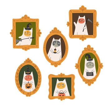 Halloween cats in vintage frames set with witches, broom, pumpkin, candle and scythe. Cute hand drawn spooky feline portraits. Good for posters, t shirts, postcards.