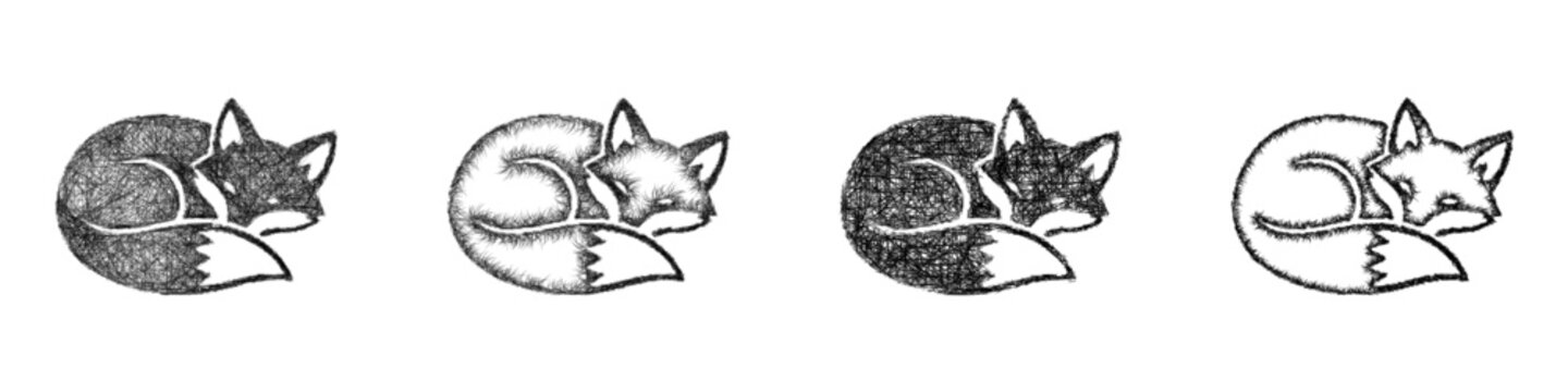 Black and white sketch sleeping fox icon design set