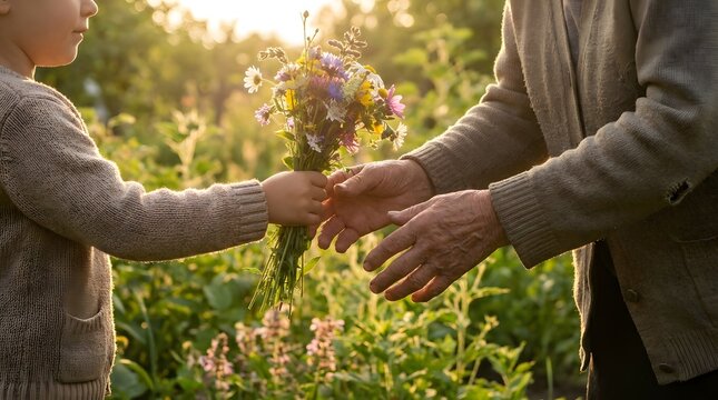 National grandparents day a young child gives a bouquet of wild flowers to an elderly person in a garden