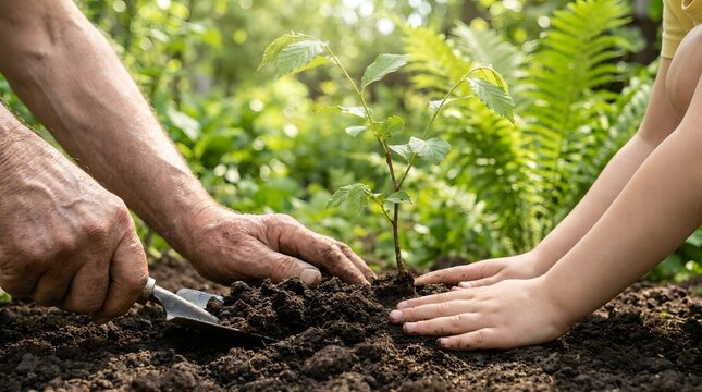 National grandparents day elderly man and child planting a young tree together