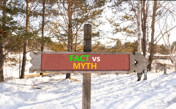 Fact vs versus myth words symbol. Concept words Fact vs Myth on beautiful road sign. Beautiful winter forest background. Business and fact vs versus myth concept. Copy space.