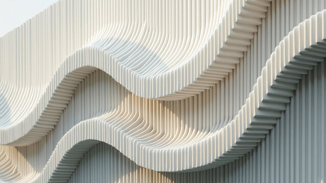 Modern parametric wall panel with flowing white vertical slats creating dynamic organic waves for architectural texture.