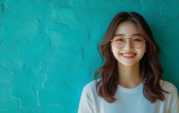 A young woman with long brown hair and round glasses smiles against a teal wall.