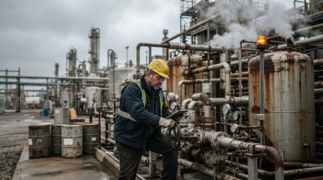 Chemical plant supervisor in a hard hat checking a valve manifold beside rust-streaked storage tanks, steam vents, pipes, drums, and warning beacon.