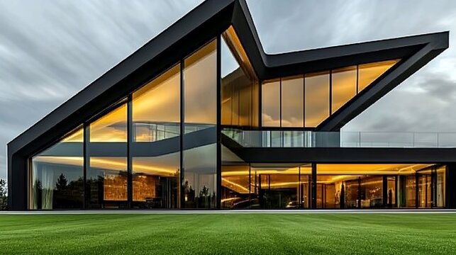 Modern glass house with sharp angles and dramatic lighting at dusk.