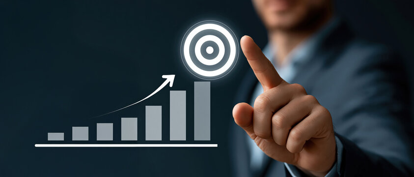 Ambition meets strategy a suited professional touches a glowing bullseye icon above an ascending bar chart, visualizing goal achievement, KPI growth, and business success. Perfect for.