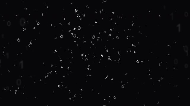 Abstract 4K kinetic typography animation featuring glowing binary digits 0 and 1 traveling along varied curved paths across a dark background. Ideal for technology, coding, programming, data.