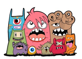 Hand-drawn illustrations, monsters doodle, Hand Drawn cartoon monster illustration,Cartoon crowd doodle hand-drawn Doodle style. © ohhh_photo