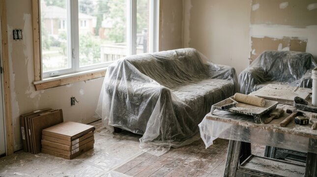Empty unfinished room with covered furniture, idle paint roller, boxed tile, and dust-covered sawhorse showing a slowing remodeling cycle.