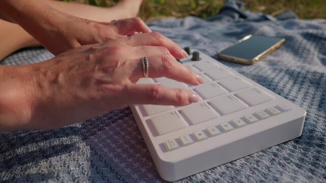 Close-up view of female hands playing on a compact white MIDI drum pad controller outdoors. Concept of portable music production, modern audio hardware, and outdoor creative relaxation.
