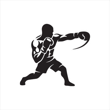 Two Boxers Sparring Silhouette, Male Fighters Boxing Match Action