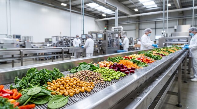Fresh vegetables and grains processed on a conveyor belt within a food production facility