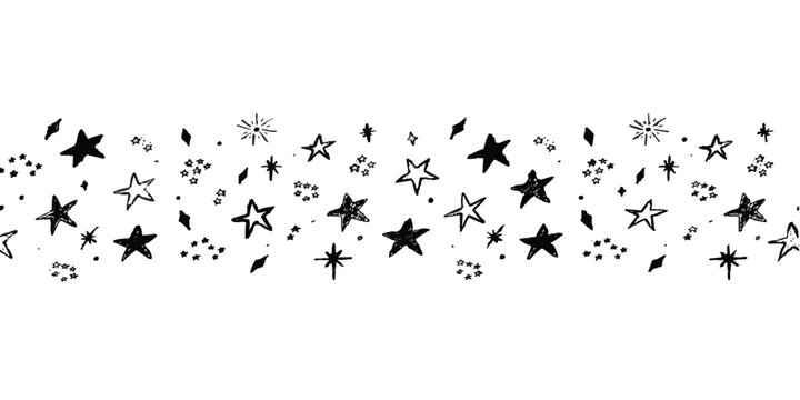 Hand drawn doodle star shapes and sparkles pattern border design in black ink on a simple horizontal line