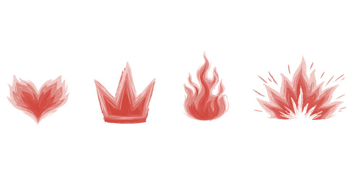 Set of four hand drawn fire elements including a burning heart crown flame and explosion shape in red color