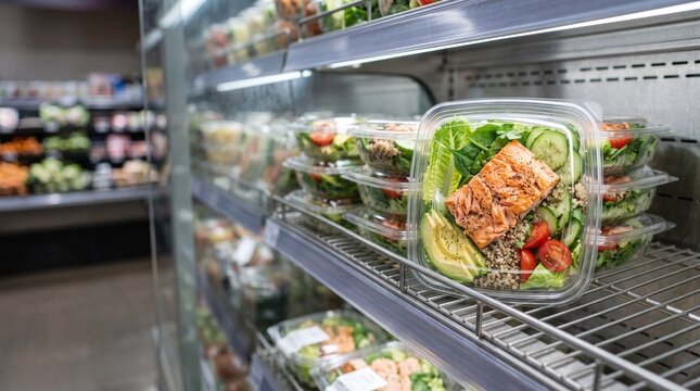 Pre packaged healthy meal with grilled salmon avocado quinoa and fresh vegetables in clear containers on a shelf