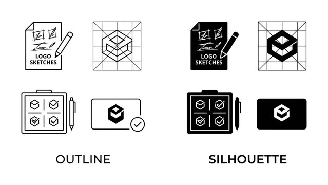 Logo Design Process: A visual representation of the logo design journey, showcasing sketches, wireframes, and final versions in both outline and silhouette styles.