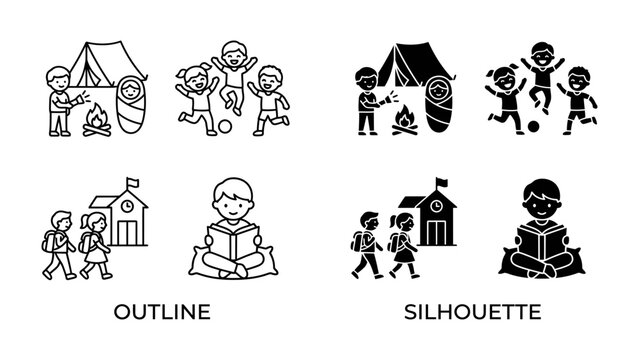 Children's Activities Icons: A set of graphic icons depicting children engaged in various activities, including camping, playing soccer, attending school, and reading.