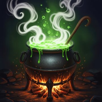 Green potion boiling in a cauldron with fire underneath