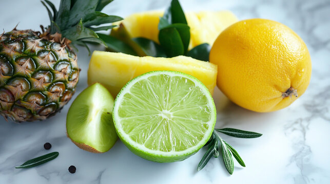 Fresh whole and sliced pineapple with lime and lemon on marble background tropical fruit healthy food refreshment nutrition ingredients beverage