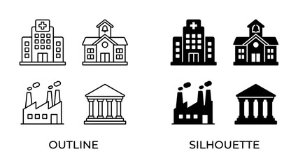 Fototapeta premium Building Icons: A set of clean outline and silhouette icons depicting various types of buildings, including a hospital, a school, a factory, and a government building.