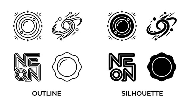 Galactic and Neon Design Elements: A collection of stylized cosmic and neon-themed graphic elements, presented in both outline and silhouette formats, perfect for abstract and futuristic designs.