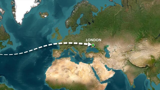 Video animation of a flight path map from USA to London, dotted travel route line on world map with location pin