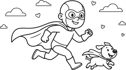 Fototapeta premium Cartoon boy running with dog in playful outdoor scene grass