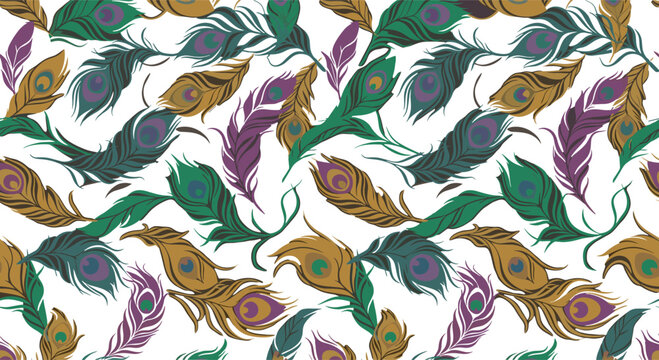 Seamless abstract peacock feather pattern background with colorful exotic plumage elements on white
