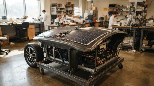 Energy-positive solar vehicle prototype with carbon-fiber chassis, photovoltaic cells, lithium-ion battery pack, and roof-mounted panel array on a rolling test stand.