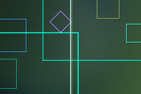 Glowing intersecting squares and rectangles create a futuristic abstract design in teal, blue, purple, and lime over a dark green surface, ideal for modern digital layouts.