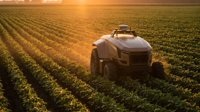 Autonomous agriculture robot cultivating vast crop fields under warm sunrise glow, showcasing advanced smart farming and sustainable food production