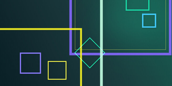 A stylish arrangement of luminous geometric frames in purple, yellow, cyan, and green creates a futuristic abstract composition with generous negative space for modern design use.