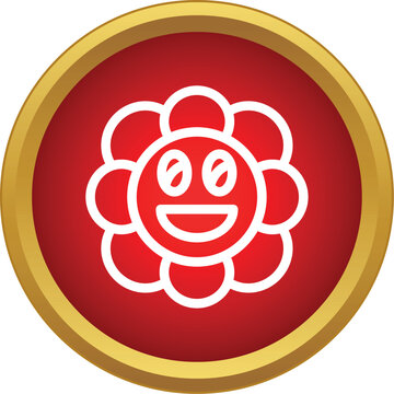 Happy smiling flower icon with white outline inside a red circle with a golden edge