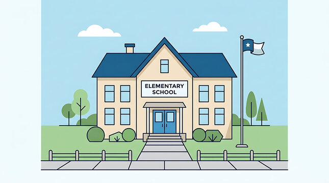 Exterior view of an elementary school building with flag and trees under a clear sky