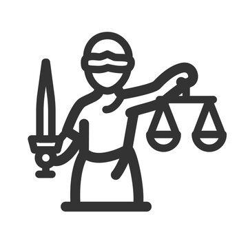 Lady Justice line icon, holding scales and a sword. Outline vector illustration.