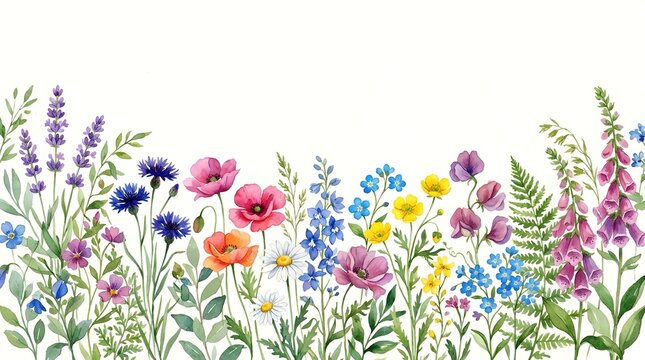 Delicate watercolor wildflower border with poppies lavender and cornflowers on white background