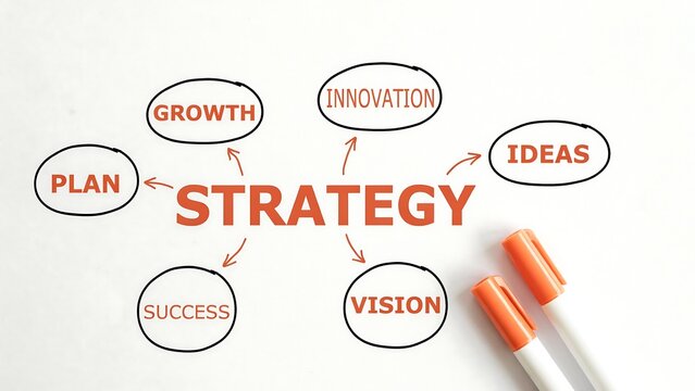 A mind map illustration of strategy, with a central word STRATEGY surrounded by related concepts like plan, growth, innovation, ideas, vision, and success, all connected by arrows.