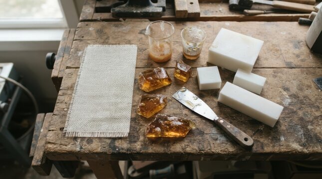 Marine polyurethane material samples with fiberglass panel, stainless spatula, and mixing cup on workbench for coating testing and formulation.
