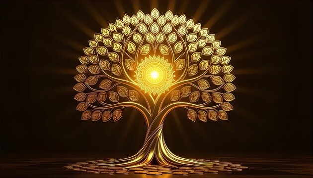 Majestic Golden Money Tree with Divine Sunlight and Bokeh Effect