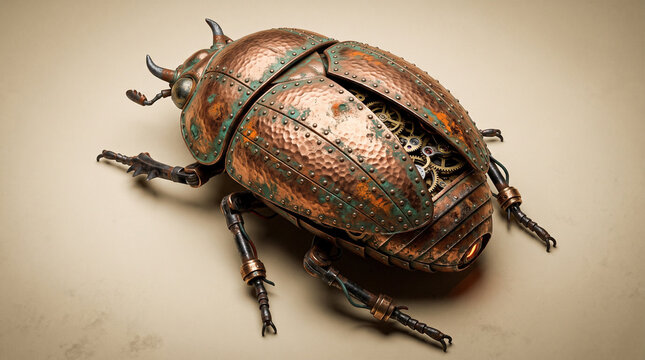Steampunk mechanical beetle with copper shell and exposed gears. Robotic insect with green patina and glowing light on beige background. Dark biomechanics 3D concept