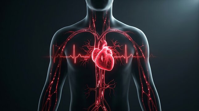 Human anatomy showing heart and circulatory system with pulse line