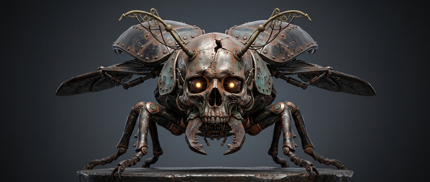 Biomechanical flying beetle with a cracked skull and glowing eyes. Steampunk robotic insect concept with metallic wings