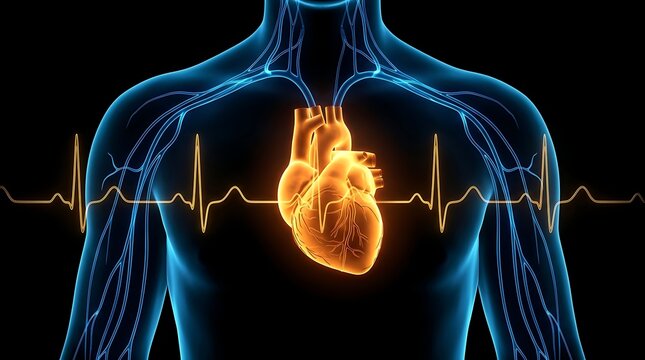 Human anatomy with glowing heart and heartbeat waveform