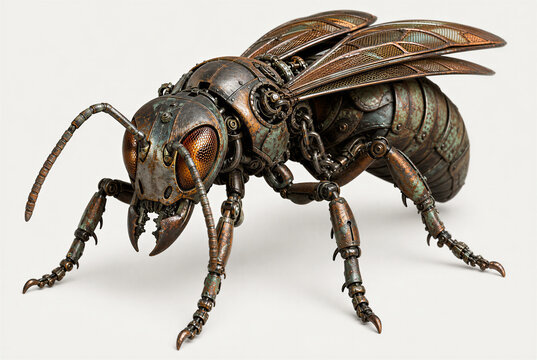 Mechanical bee with mesh wings and rusted metal body. Dark biomechanical 3D concept of a robotic wasp. Steampunk style industrial insect sculpture on white background