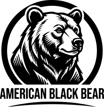Black bear head illustration within a circular frame monochrome style